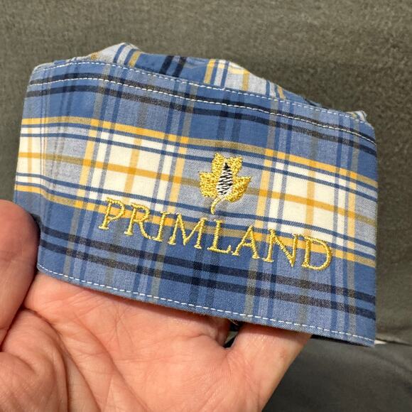 Fish Hippie Shirt Mens 2XL Blue Yellow Plaid Coastal Button Up PRIMLAND LOGO - Picture 4 of 11